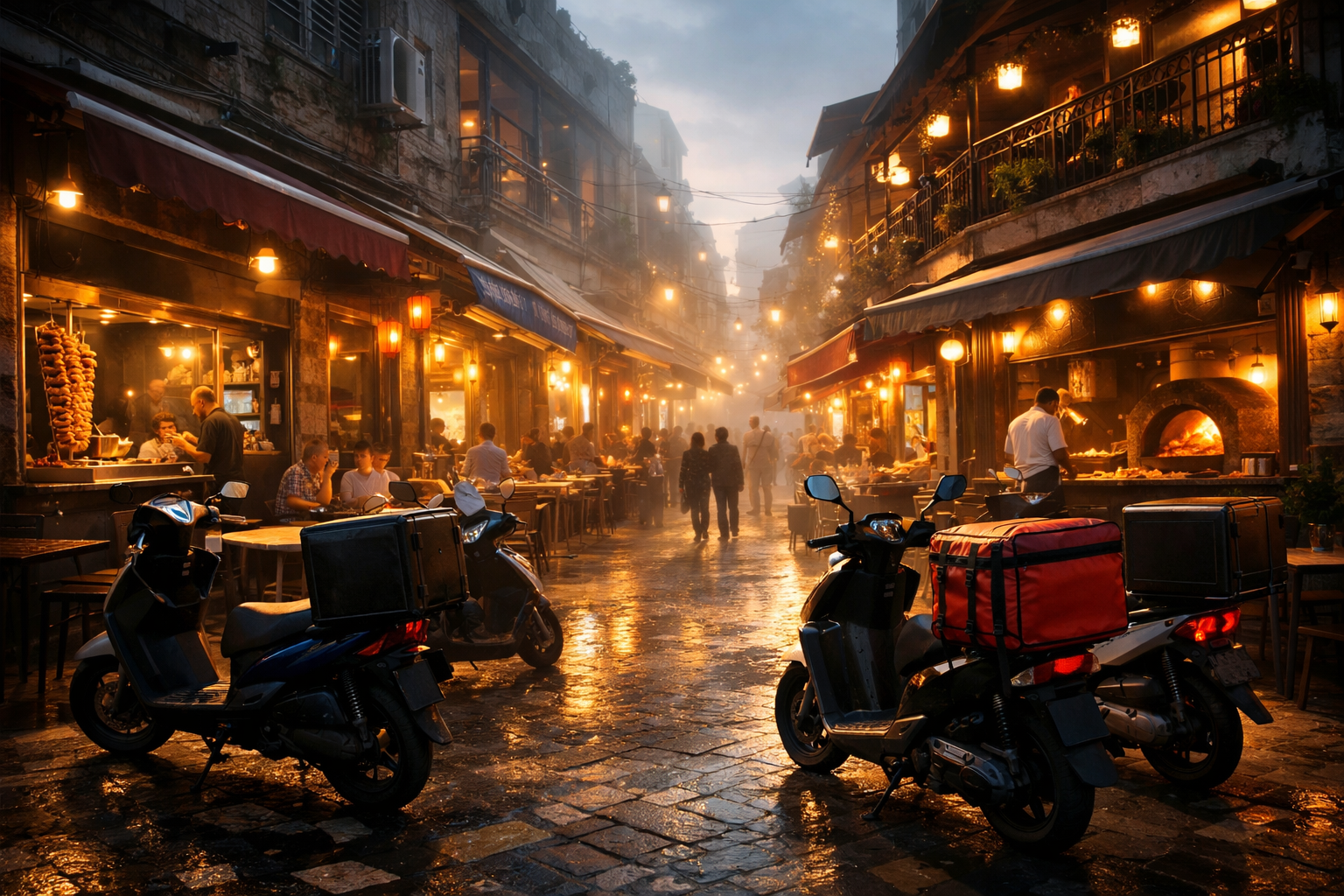 Bustling Israeli street with restaurants and bilingual signs.