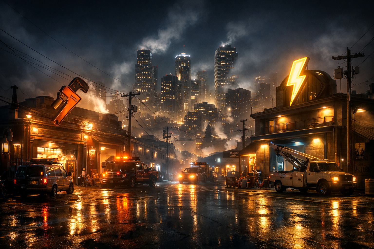 Cityscape at night with service businesses highlighted dramatically.