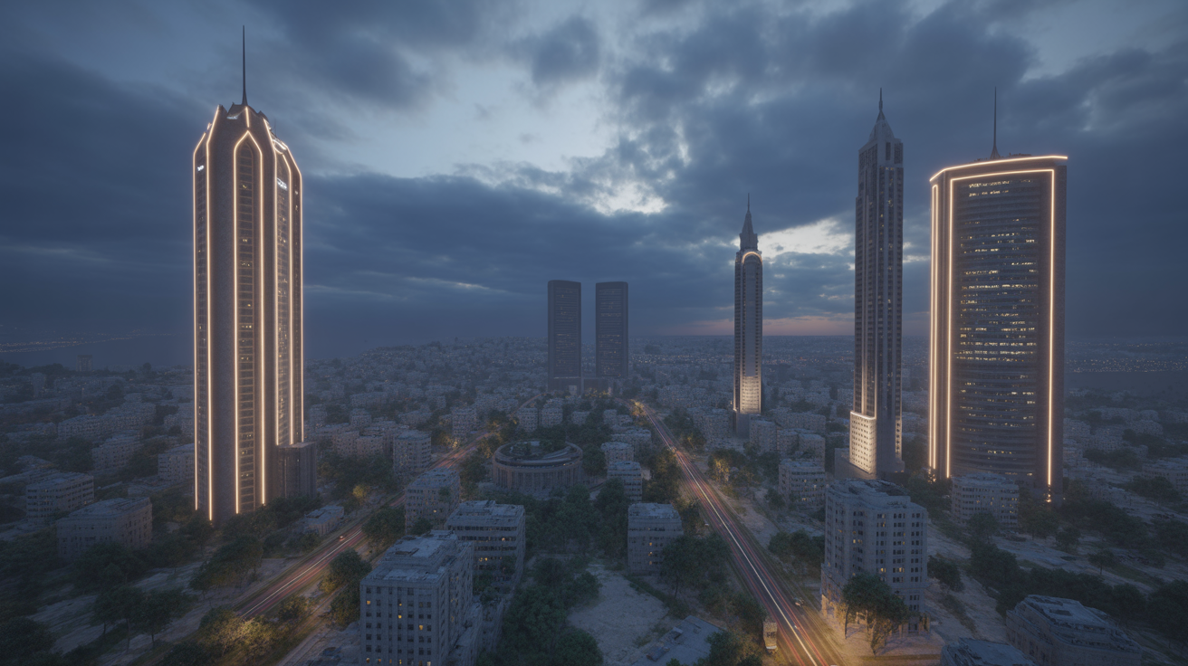 Futuristic Haifa skyline at night, glowing buildings, trilingual market concept.