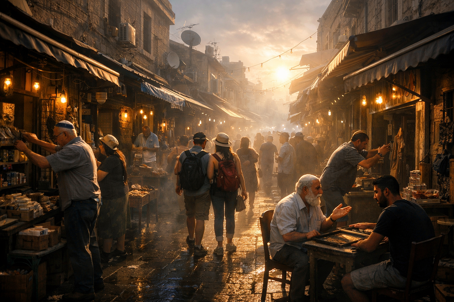 Israeli street with bilingual signs and people interacting, dramatic lighting.