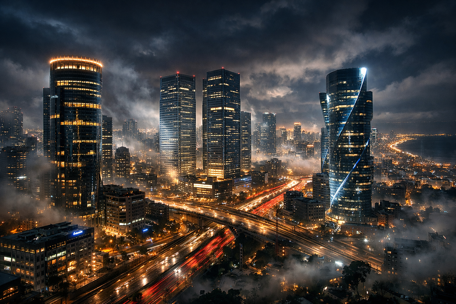 Tel Aviv cityscape at night with dramatic lighting and fog.