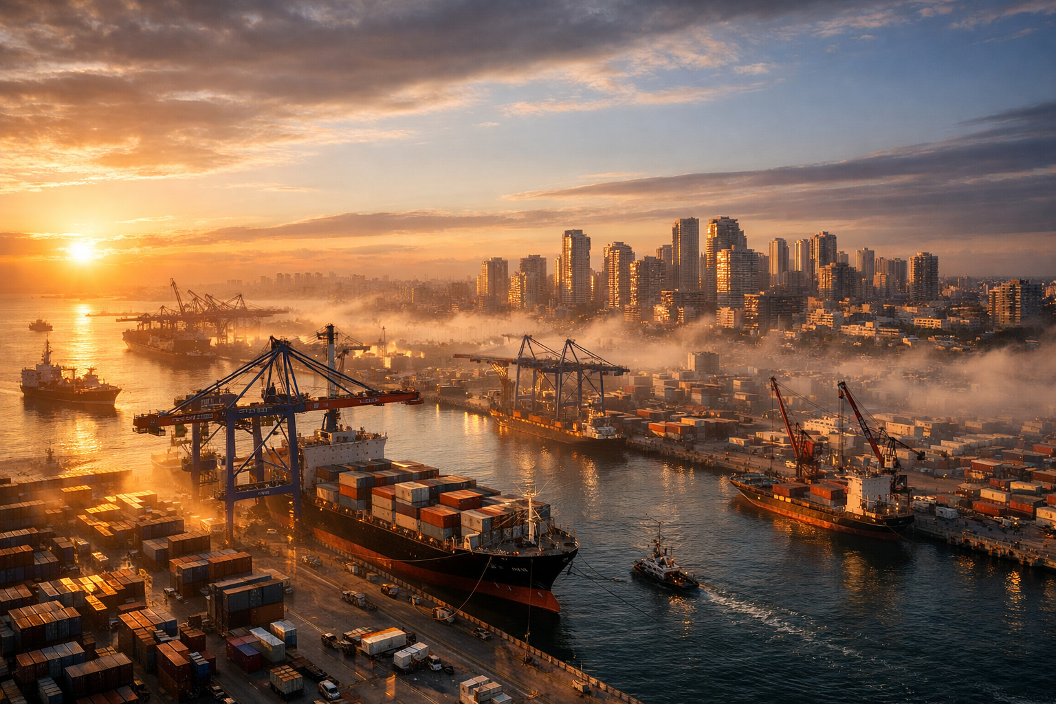 Ashdod port at sunrise with ships, cranes, city skyline, detailed and dynamic.