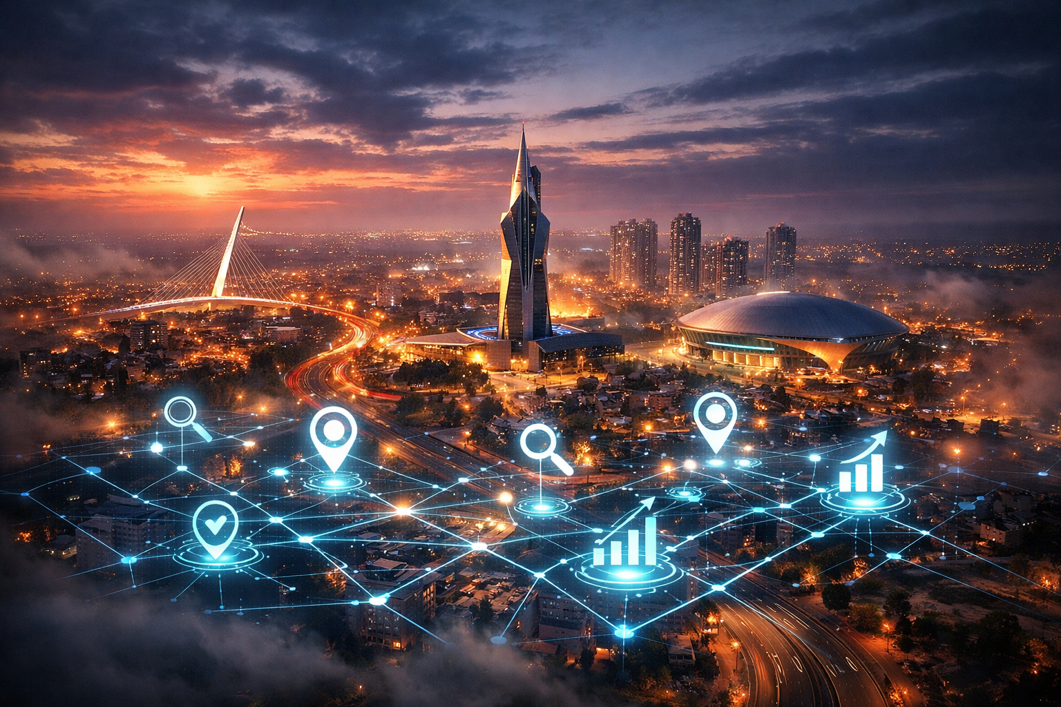 Beer Sheva cityscape at dusk with digital map overlay, cinematic lighting.