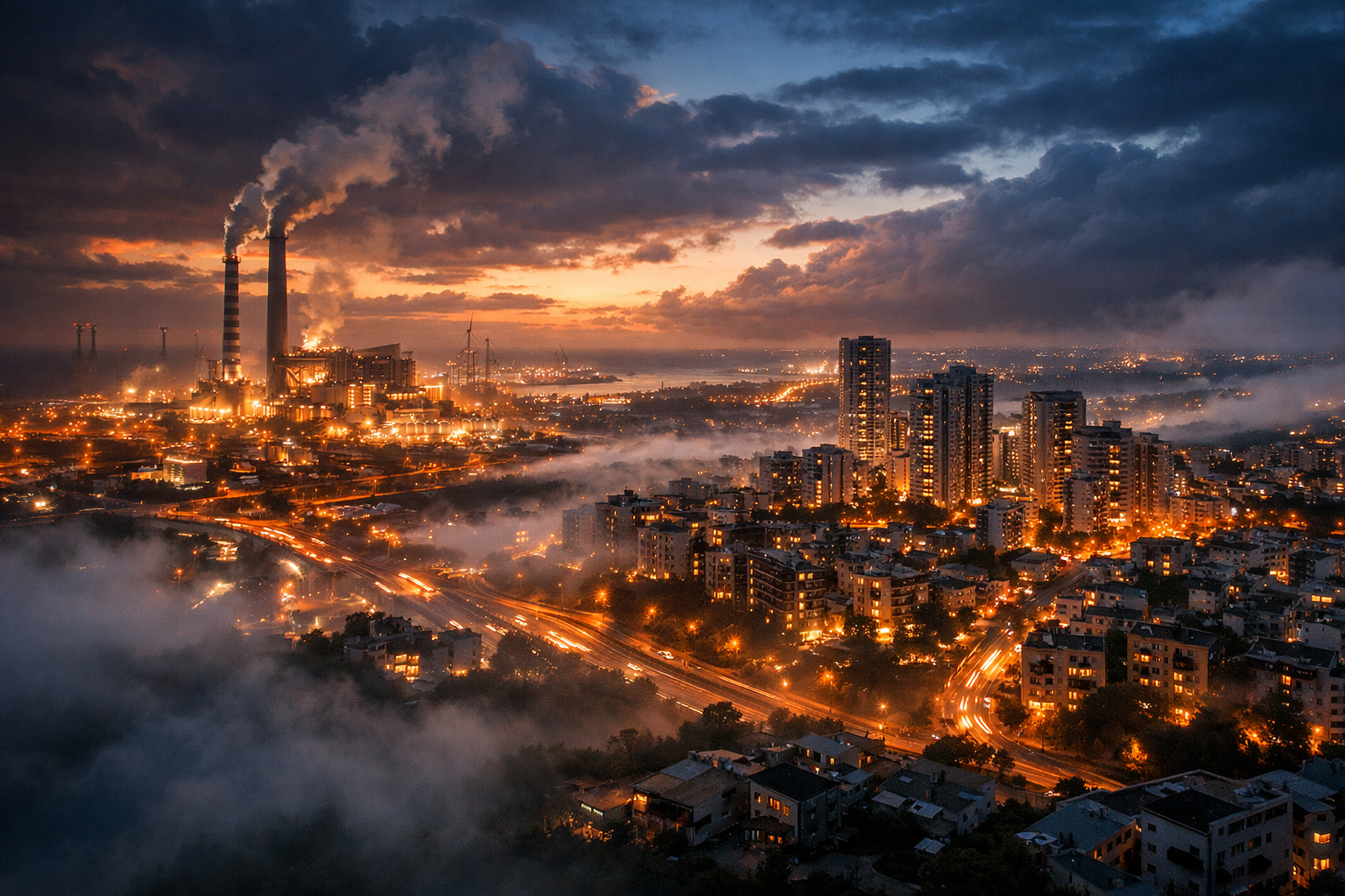 Hadera cityscape at twilight, industrial and residential zones in focus.