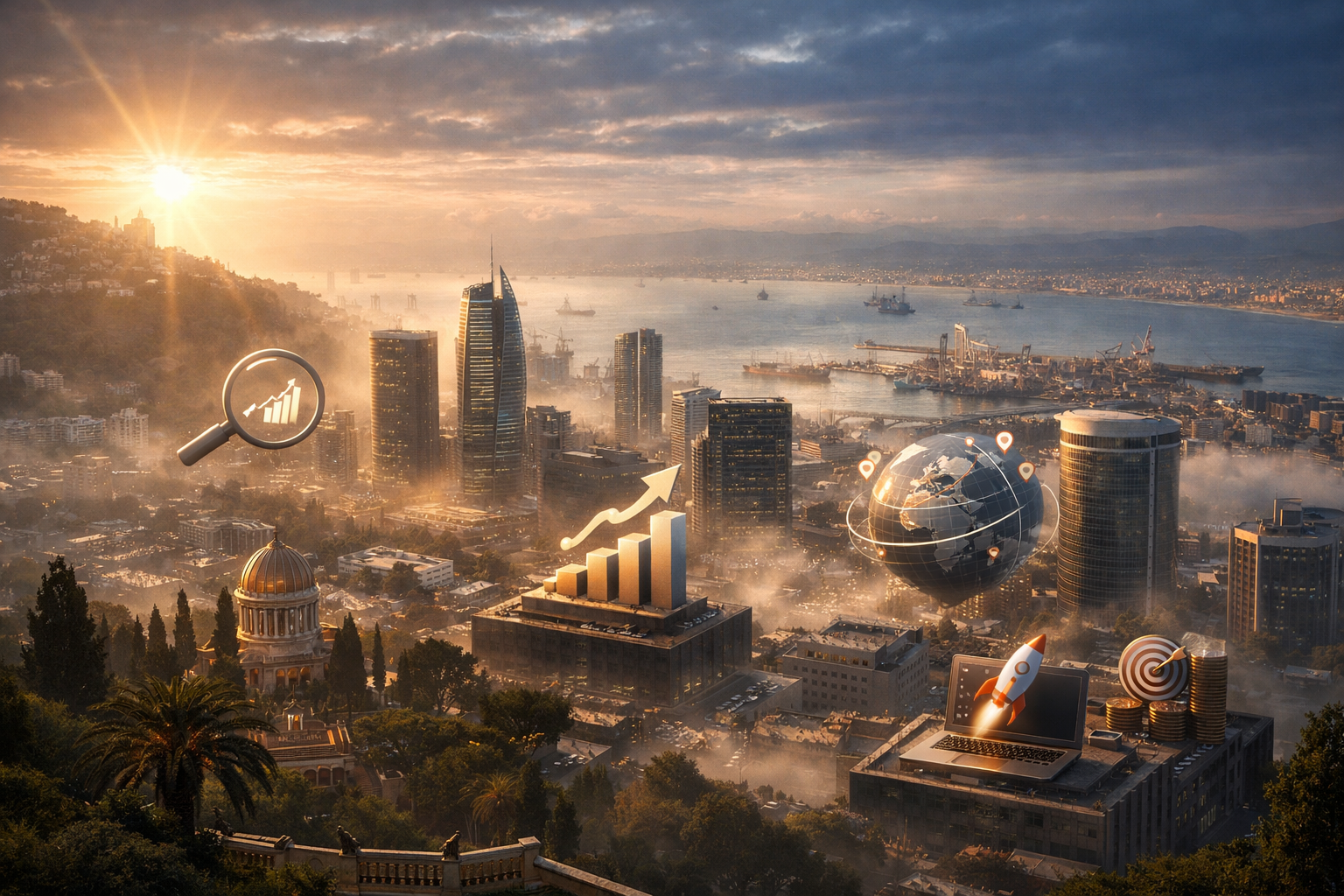 Haifa cityscape with business districts, multilingual commerce symbols, SEO elements.