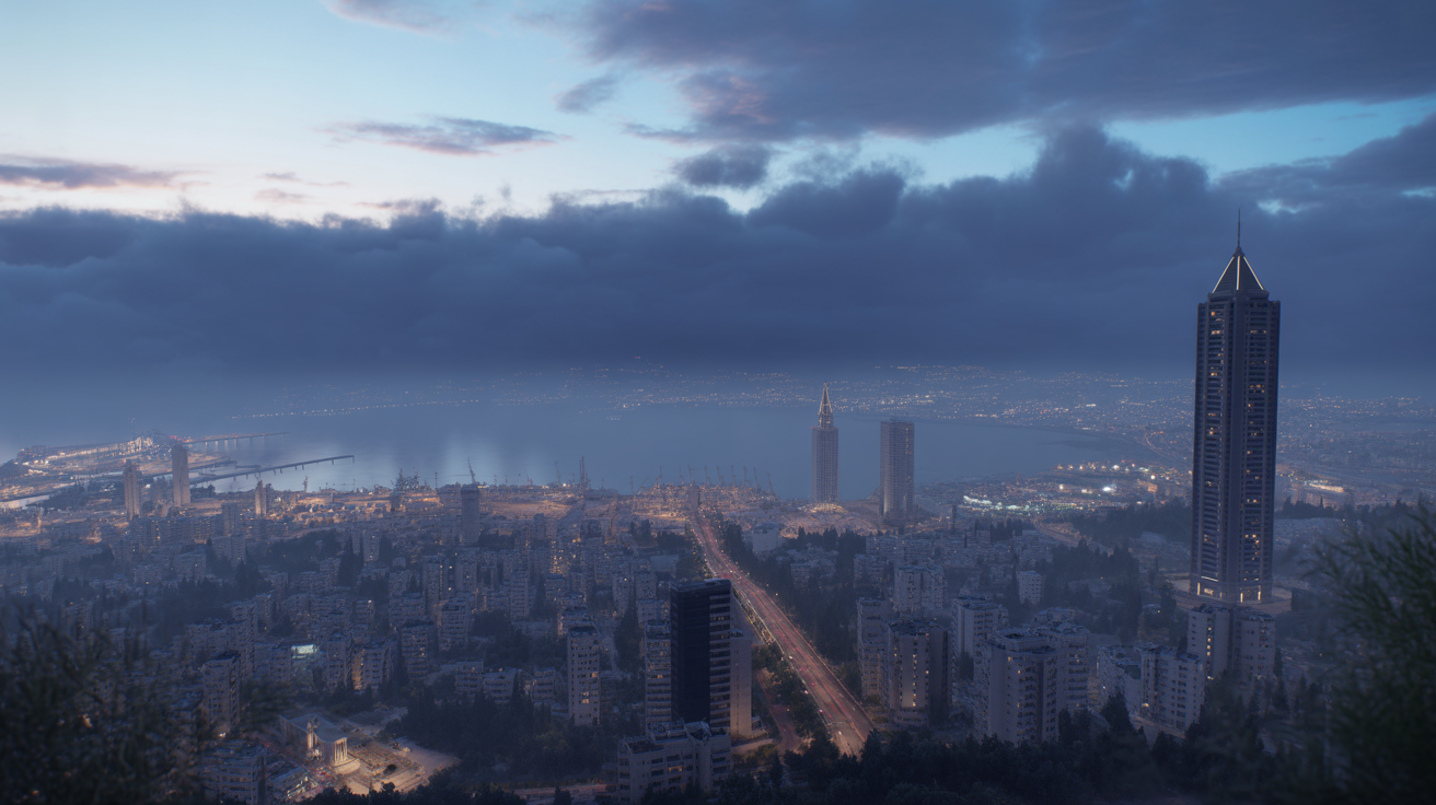 Haifa skyline at night with city lights and volumetric fog.