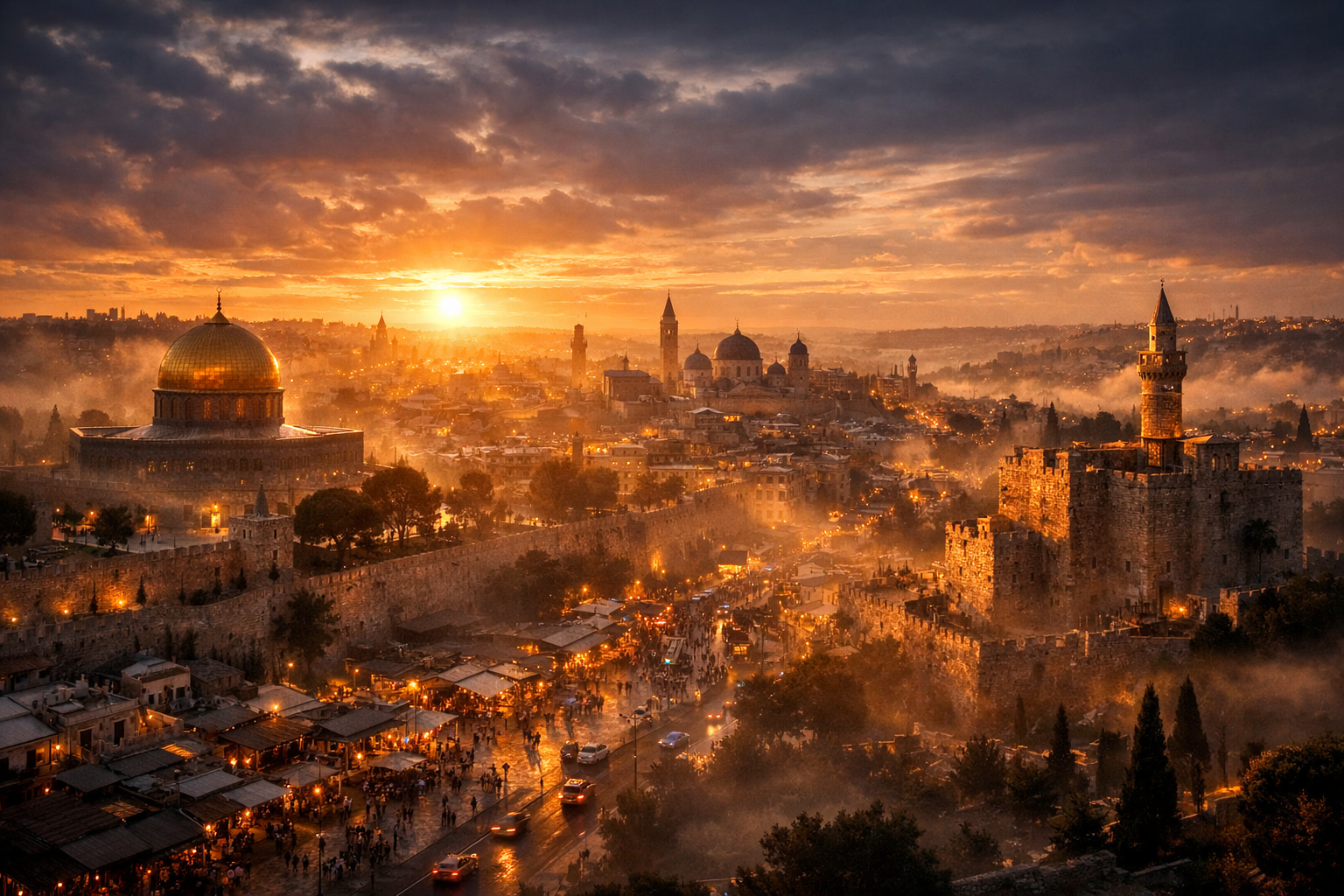 Jerusalem skyline at sunset with religious sites and city life, dramatic lighting.
