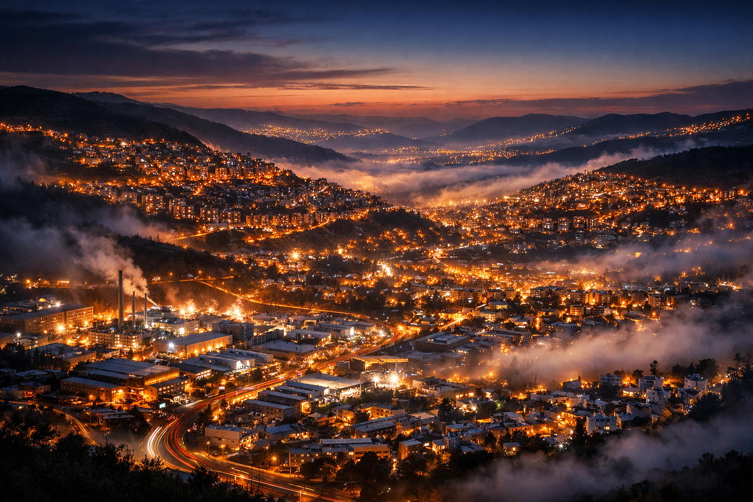 Karmiel cityscape at dusk with industrial and residential zones.