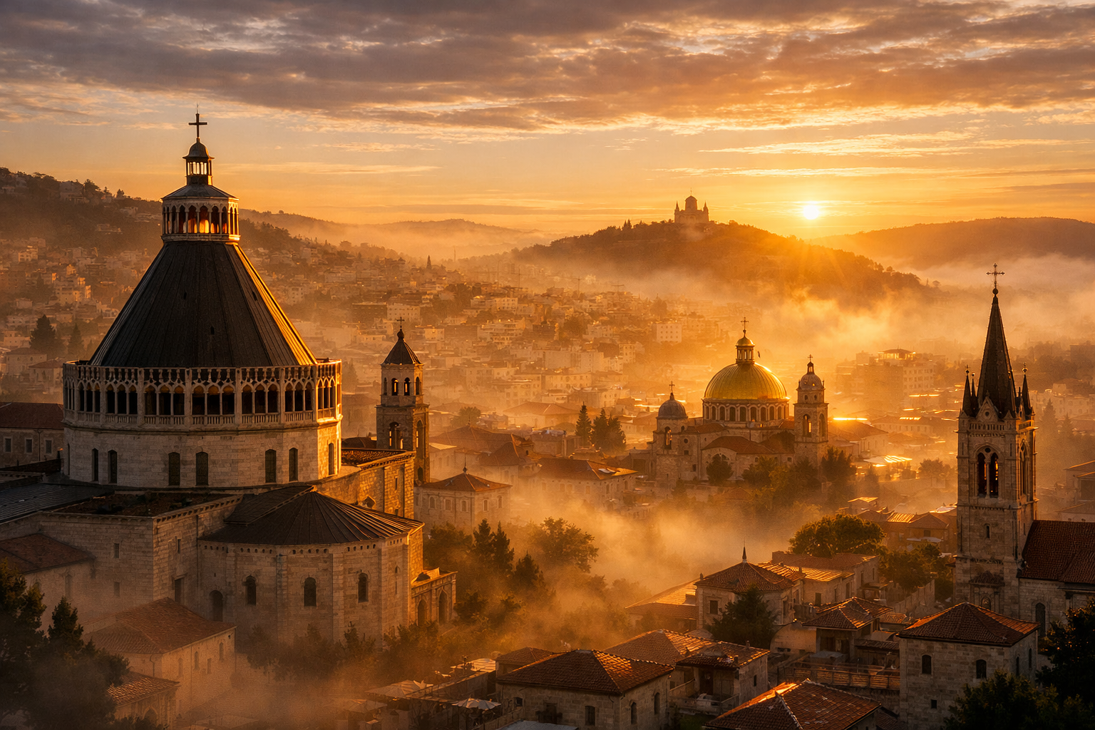 Panoramic sunrise view of Nazareth with key religious landmarks.