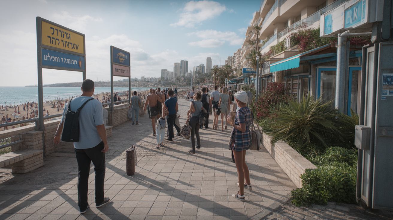 Coastal scene in Netanya with diverse people and trilingual signs.