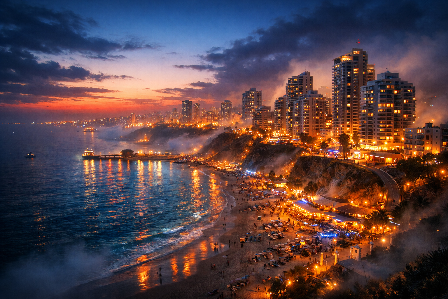 Netanya coastal skyline at dusk with city lights reflecting on water.