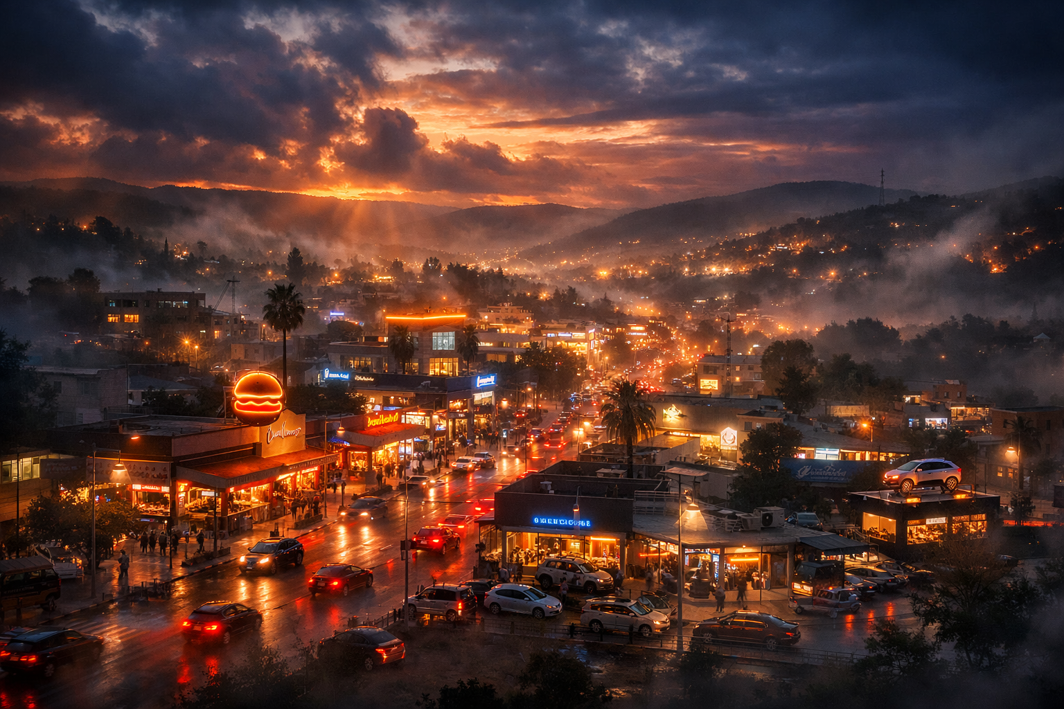 Cityscape of Pardes Hana at dusk with business signs and vibrant lights.