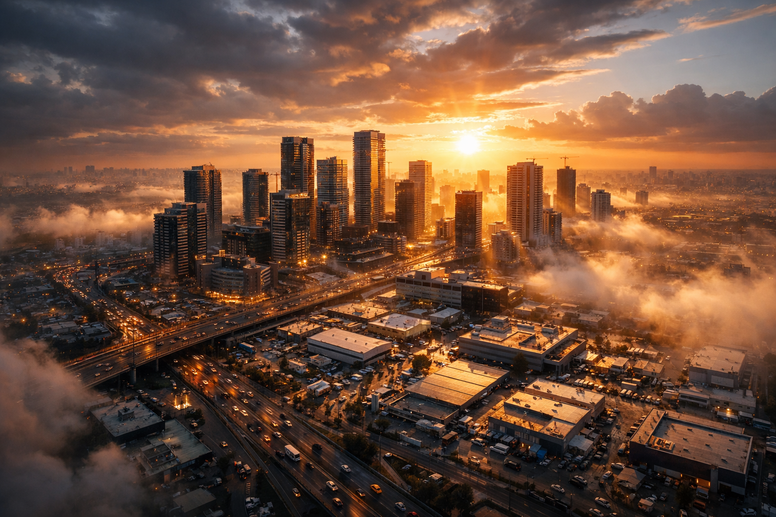 Petah Tikva industrial zone aerial view at sunset, dramatic lighting, volumetric fog.