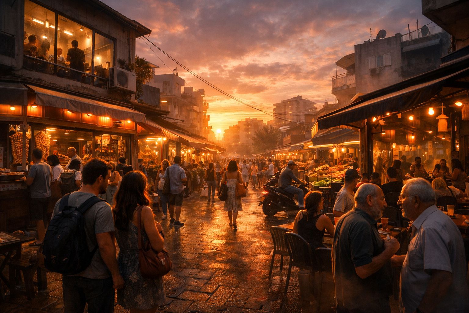 Rishon LeZion street scene with local businesses and people interacting, sunset lighting.