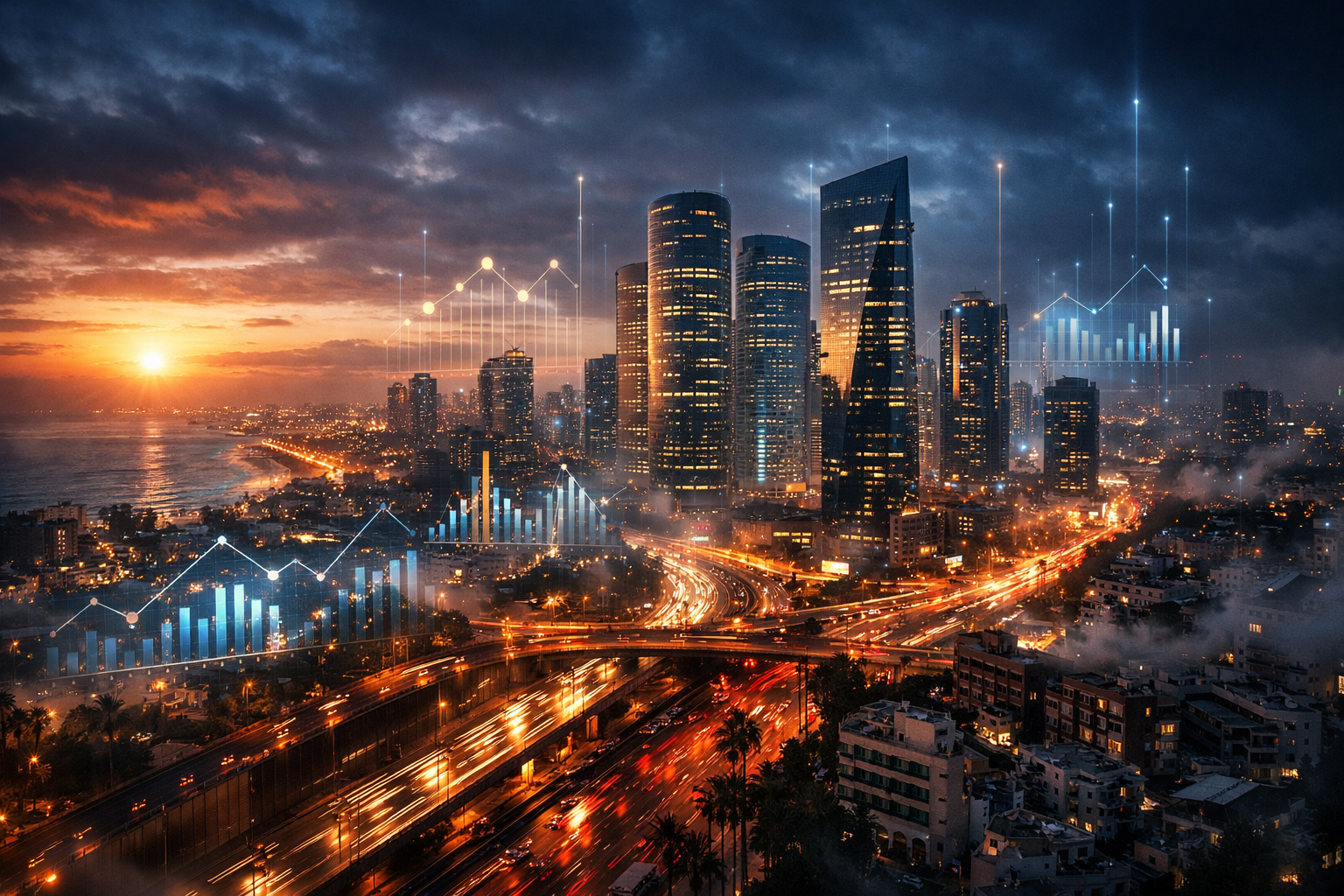 Tel Aviv cityscape with digital data overlays, 8k resolution, dramatic lighting.