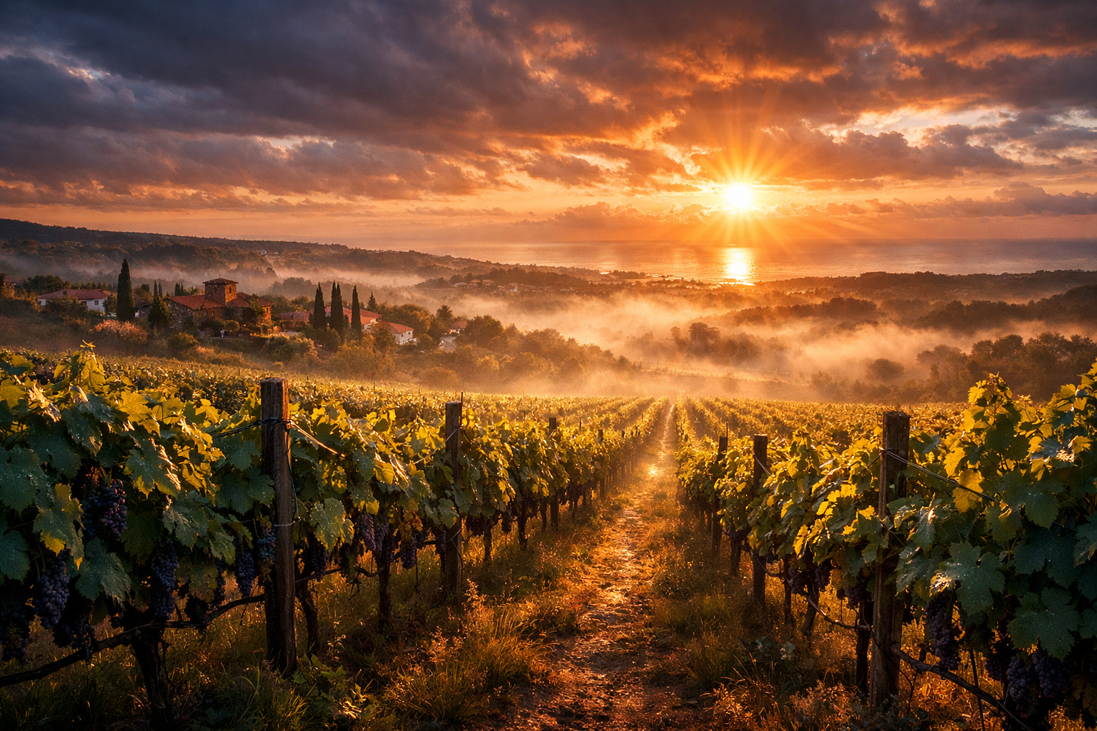 Dramatic vineyard landscape in Zichron Yaakov at sunrise, capturing wine tourism essence.