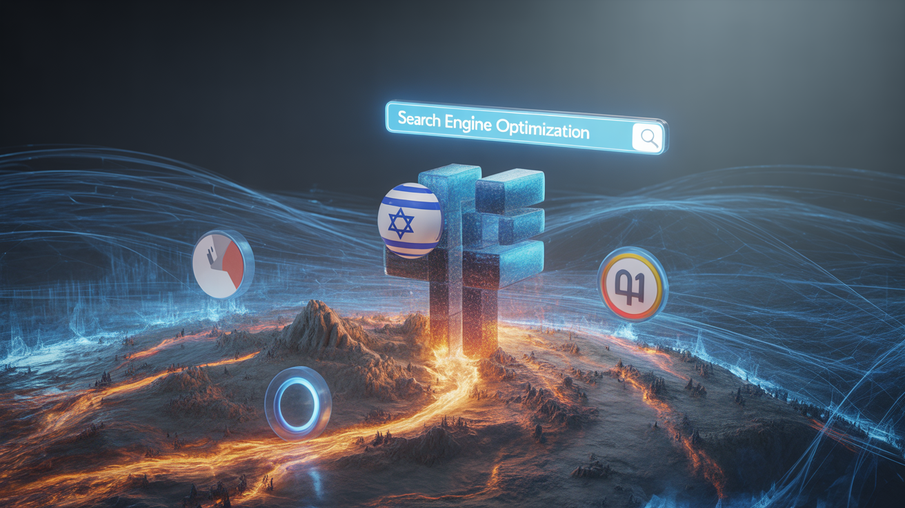 Digital landscape with SEO elements and Hebrew, English, Arabic, Russian symbols.