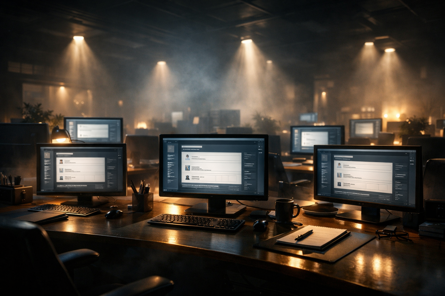 Office scene with computers displaying business citations in dramatic lighting.