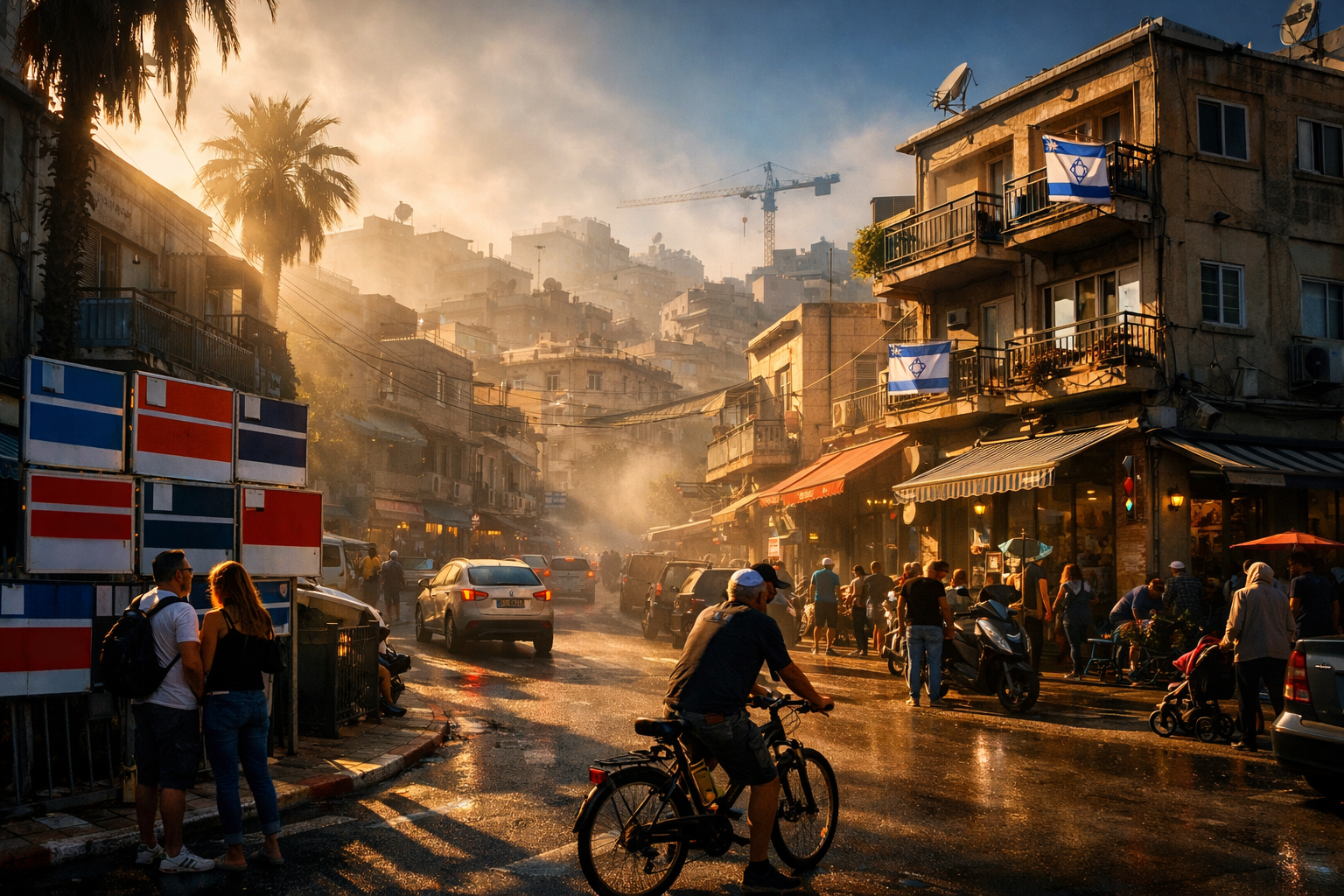 Vibrant Israeli neighborhood with real estate signs and busy streets.