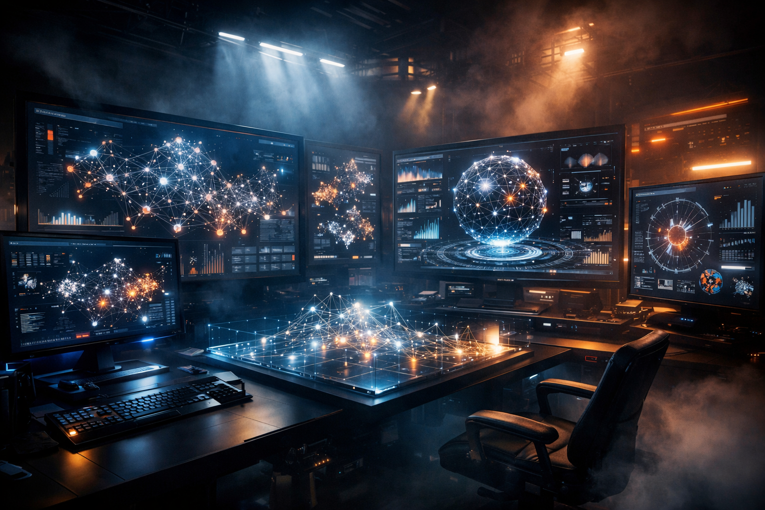 Digital workspace with data screens, dramatic lighting, volumetric fog.