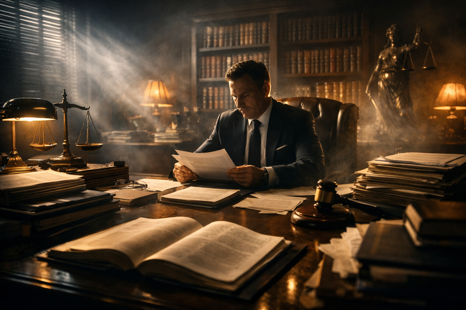 Attorney in law office with legal documents, dramatic lighting.