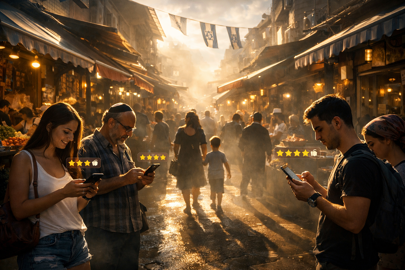 Israeli city street with businesses and people using smartphones for reviews.