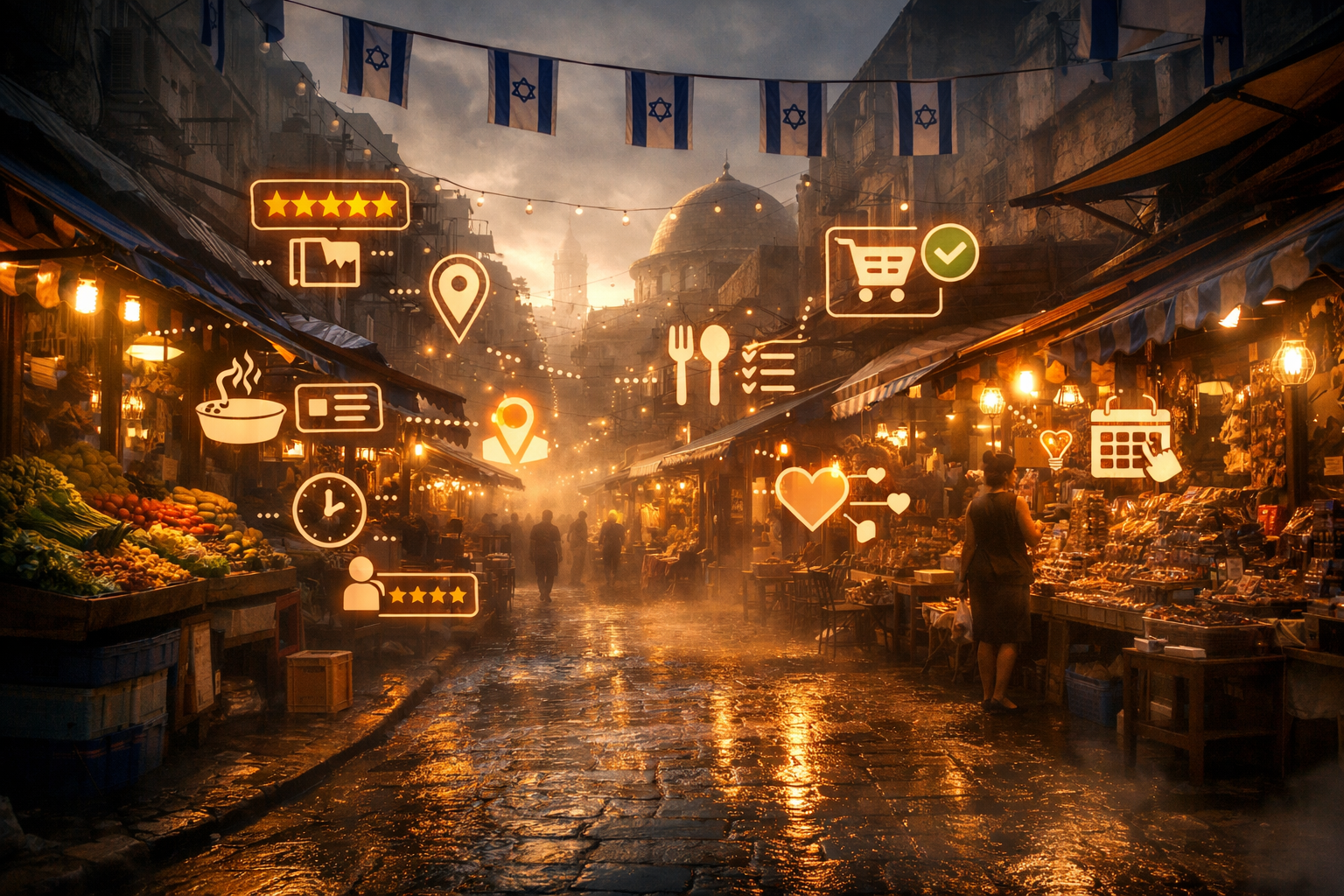 Israeli street with digital schema markup icons, dramatic lighting