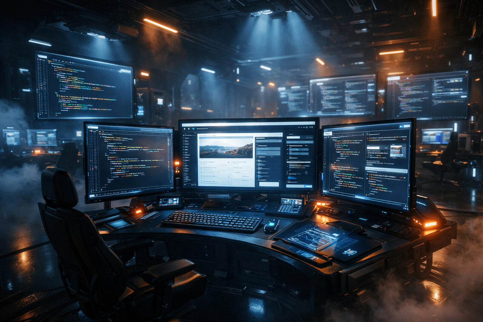 A futuristic command center with digital JSON-LD screens in 8k detail.