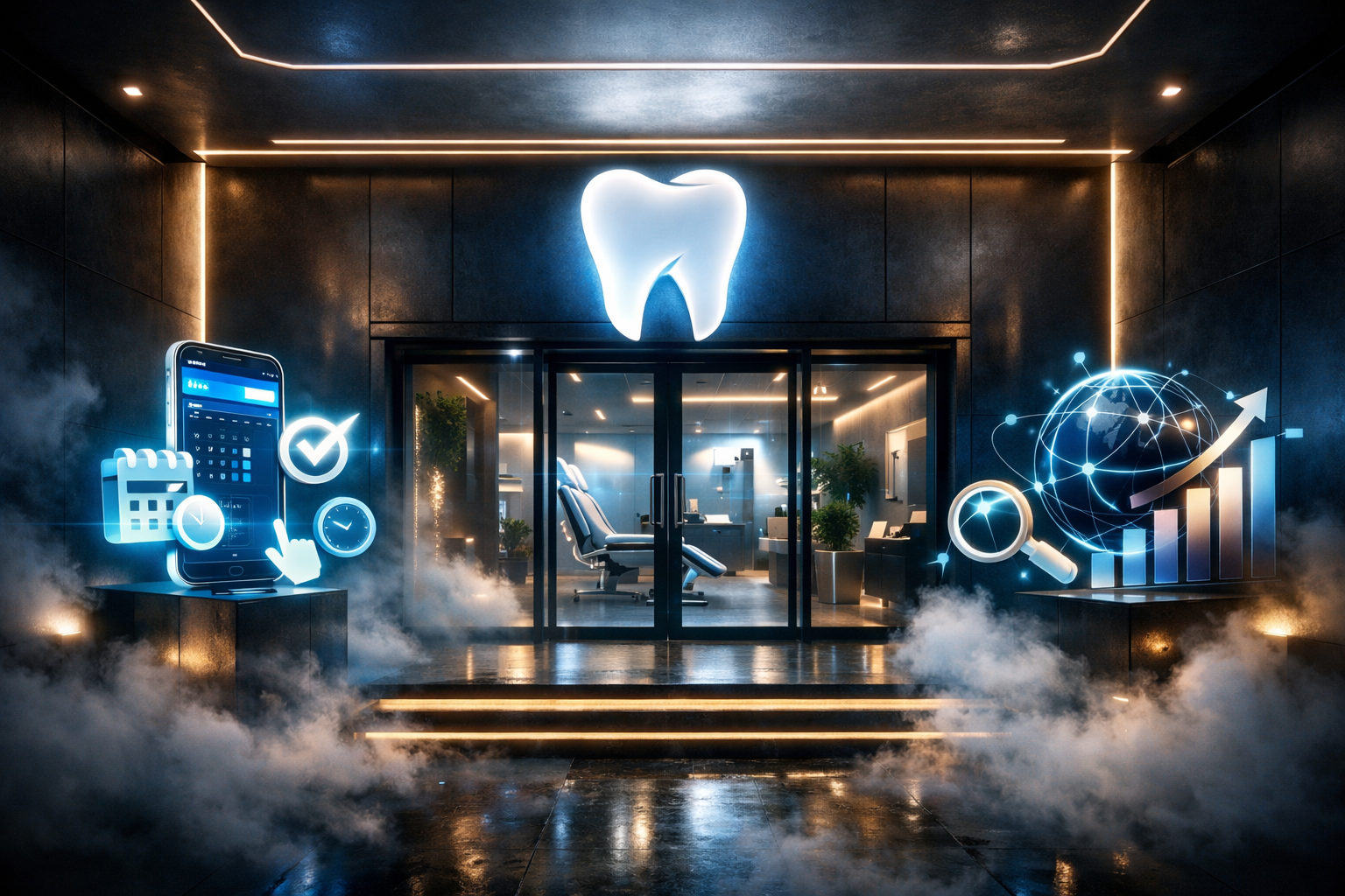 Modern dental practice entrance with dramatic lighting and fog, symbolizing digital transformation.