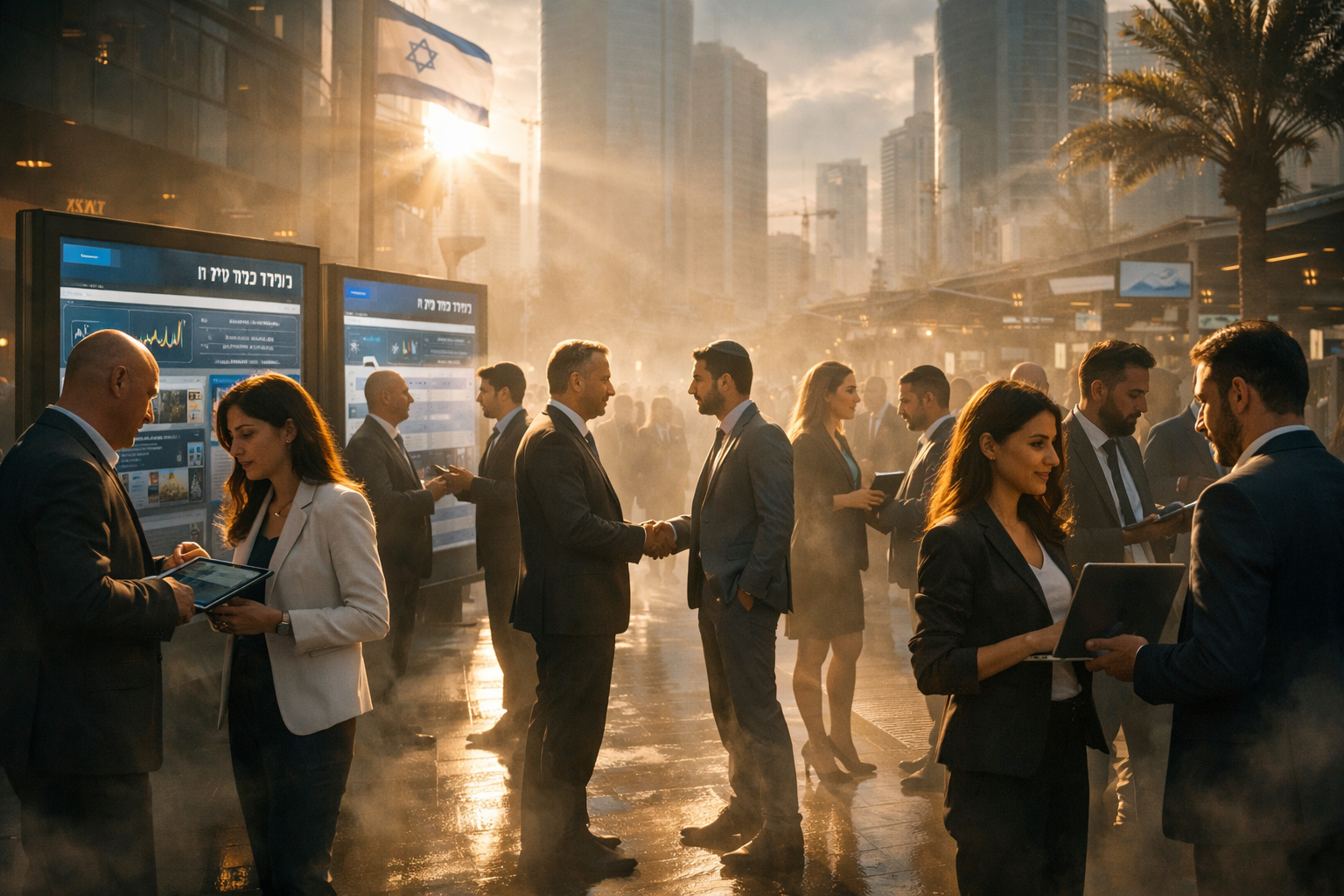 Israeli professionals view business directories on digital devices outdoors.