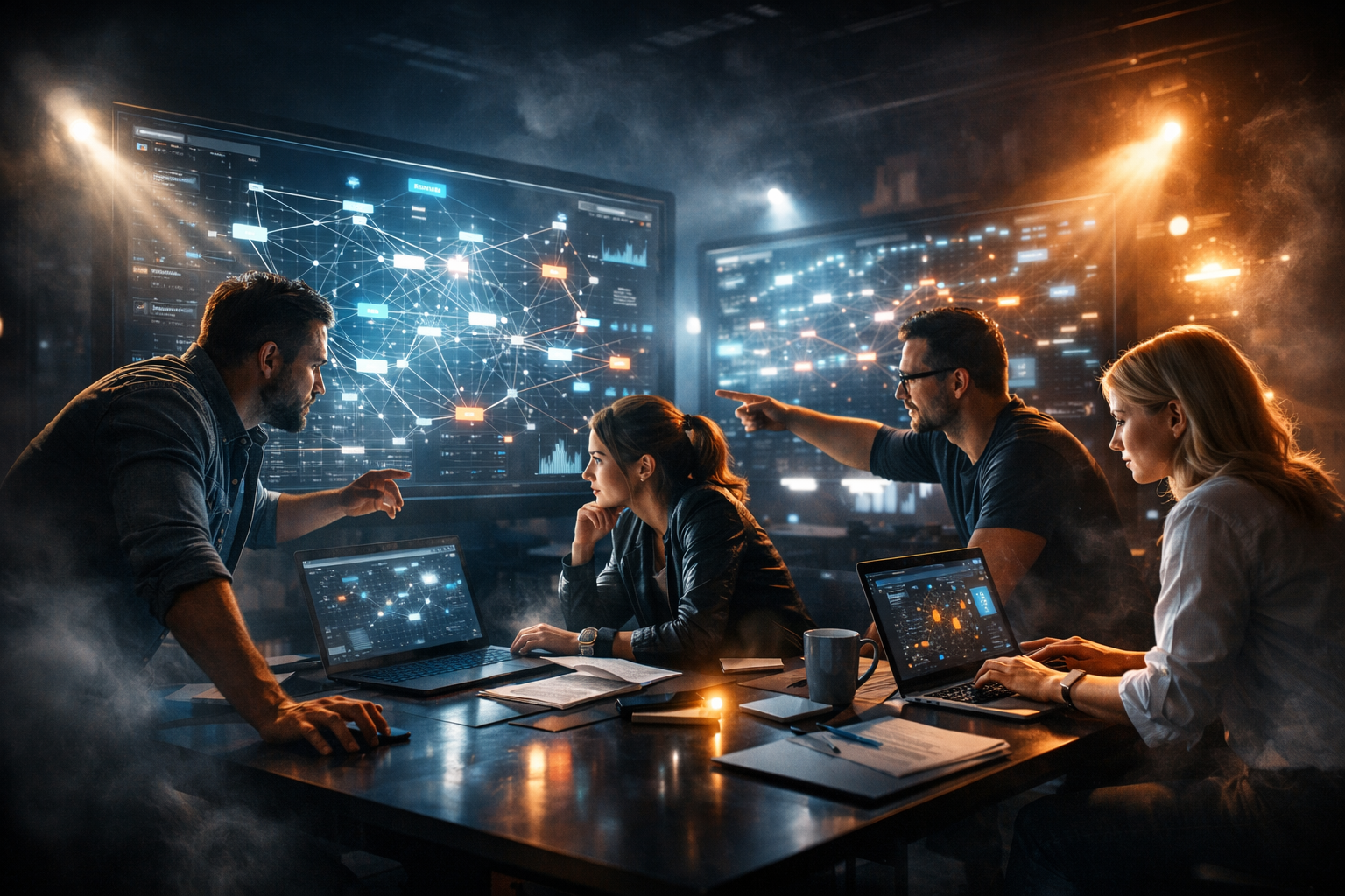 Team of marketers working on digital link strategies in a high-tech office.