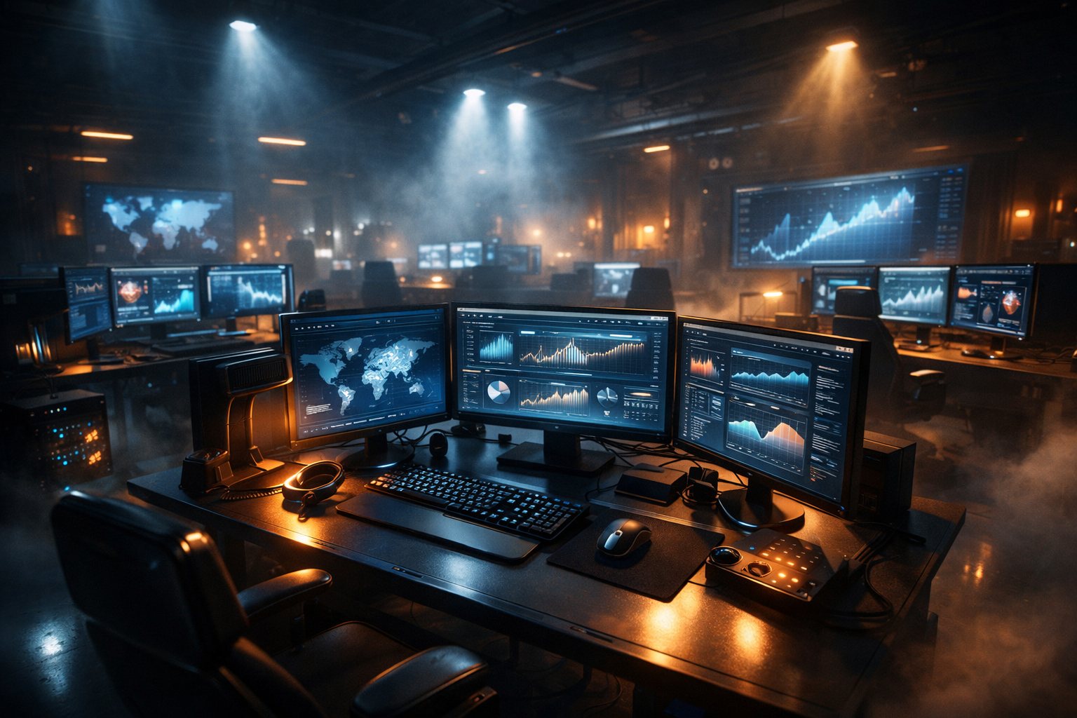 High-tech office with advanced SEO analytics on multiple screens.