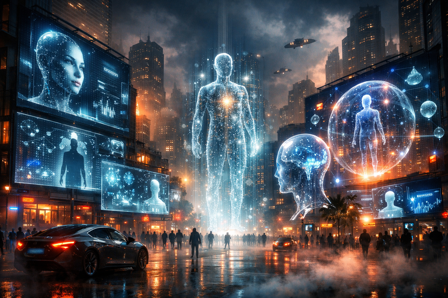 Futuristic cityscape with AI billboards and holographic displays under dramatic lighting.