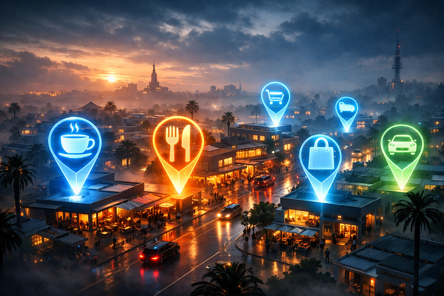 Futuristic digital cityscape of Pardes Hana with Google Maps holograms.