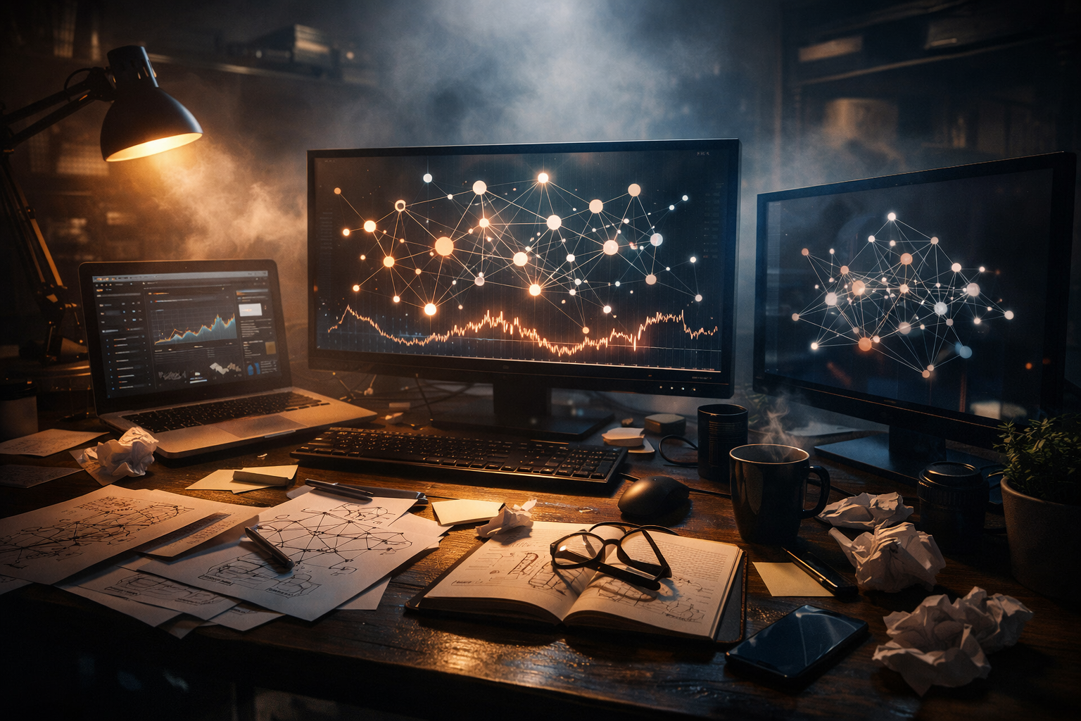 Web developer's desk with SEO notes, computer screens showing semantic networks.