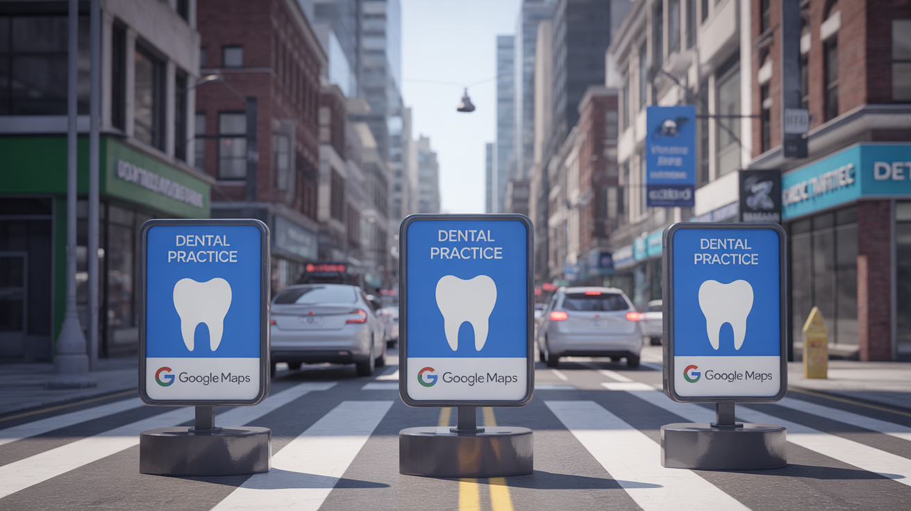 Urban street with highlighted dental practice signs, dramatic lighting.