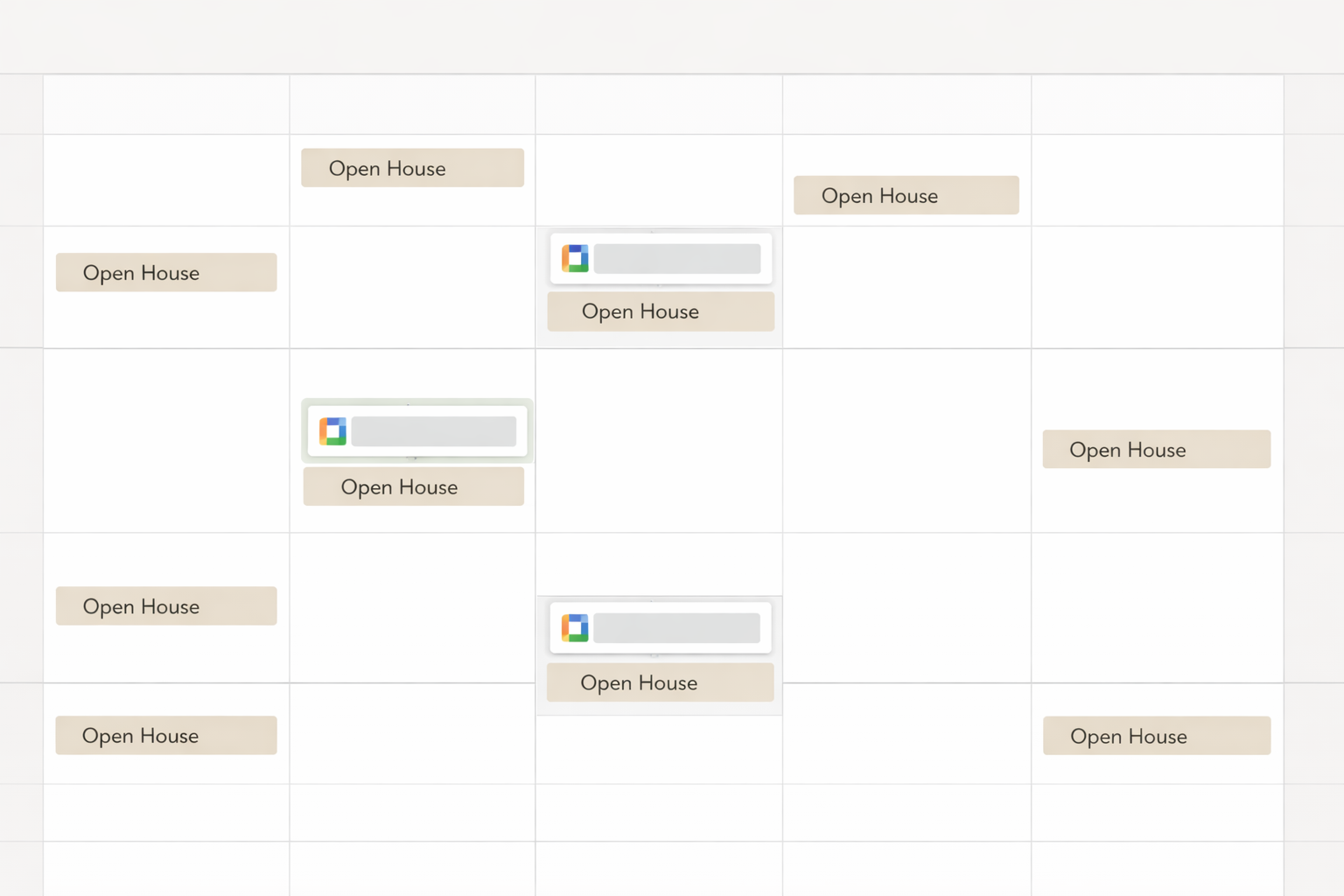 Calendar with highlighted open house events on screen.