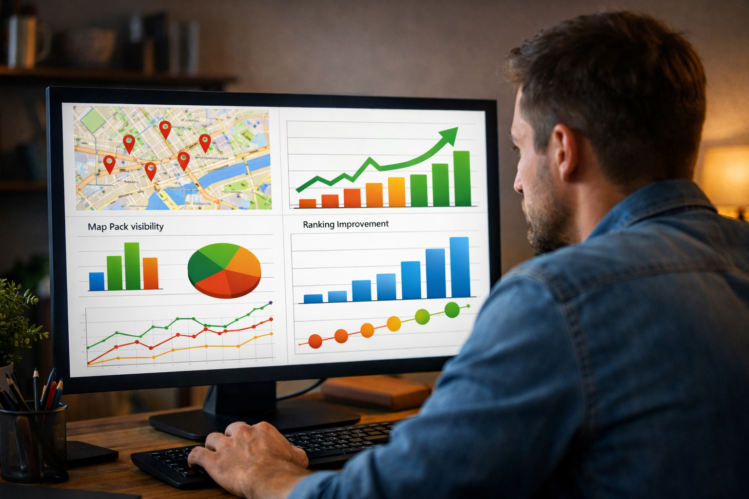 Marketer reviewing SEO performance reports on computer.