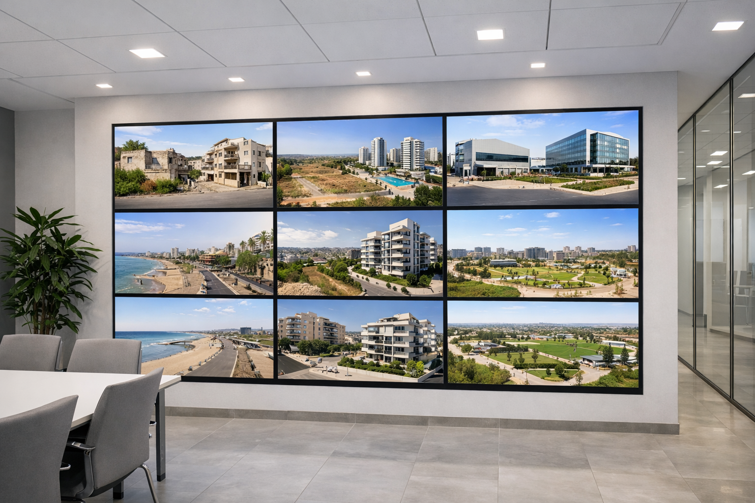 Office with digital gallery of project portfolios and metadata screens.