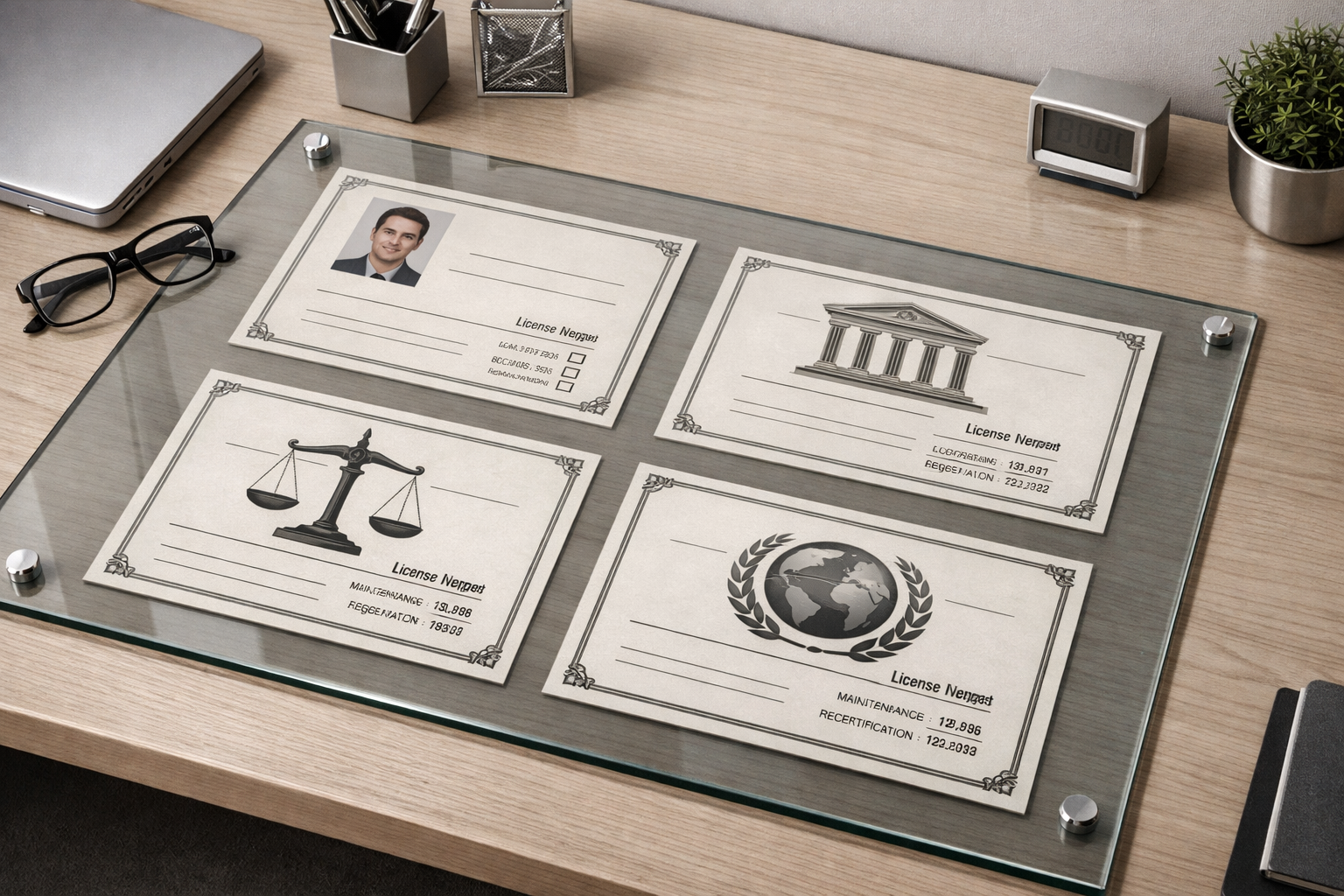 Desk setup with Israeli licenses and certifications under glass.