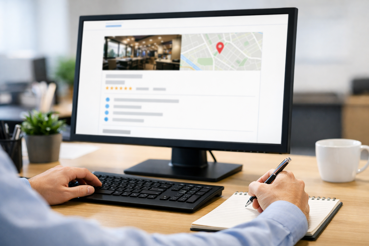 Person documenting NAP details from a Google Business Profile.