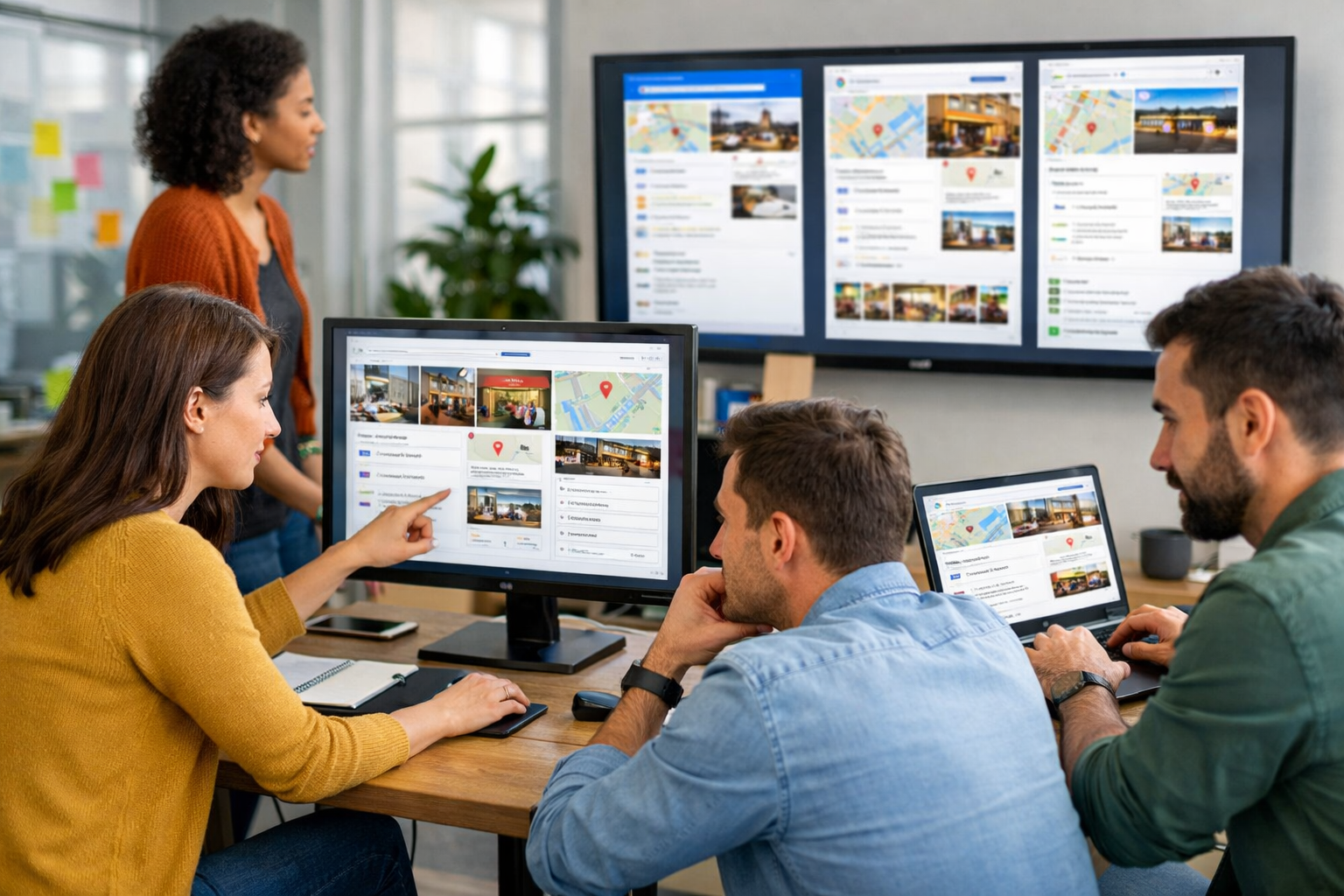 Team working on citation improvements with screens showing business directories.