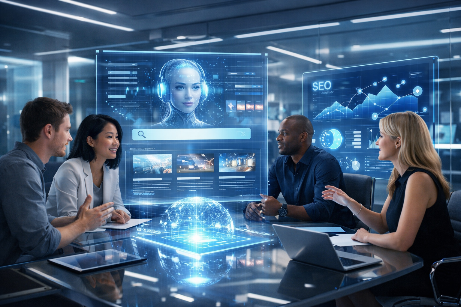 Team in a futuristic office discussing AI and SEO strategies.