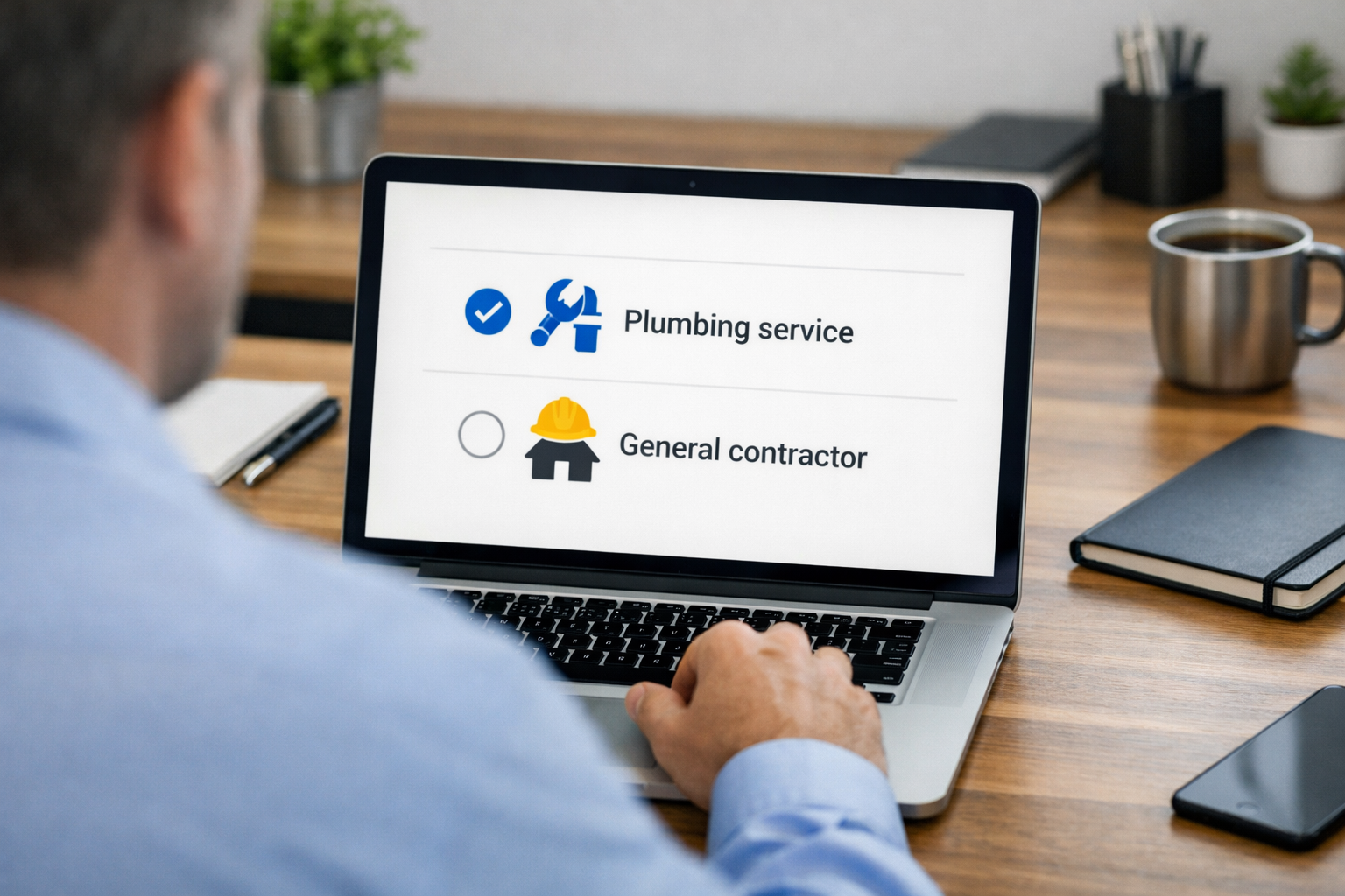 Business owner reviewing Google Business Profile categories on a laptop.