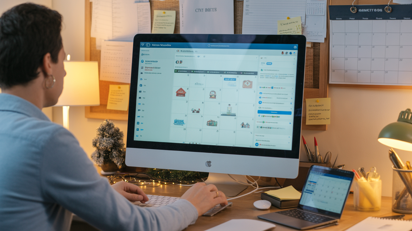 Marketer drafting holiday-themed posts on a computer.