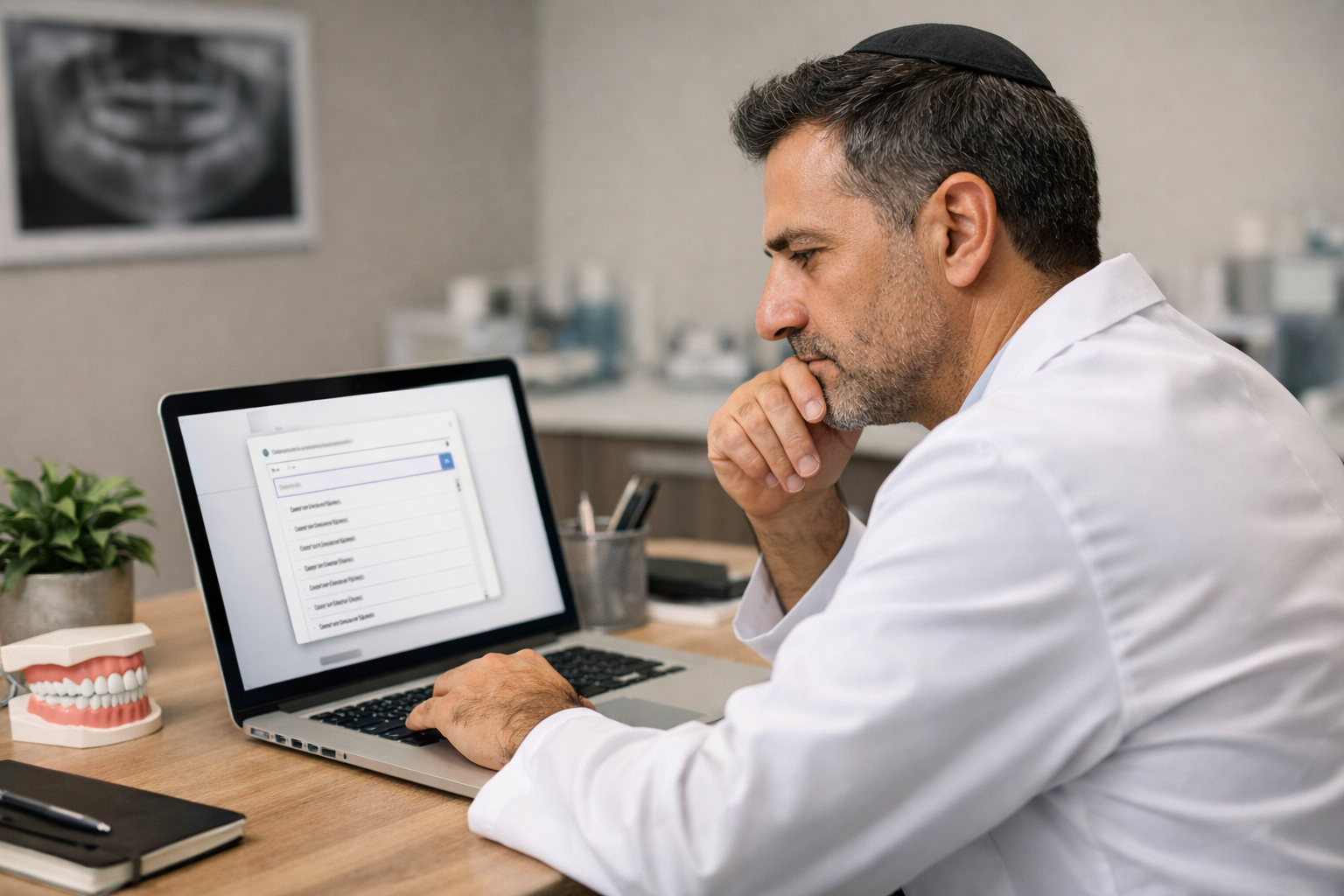 Dentist at desk with Google Business Profile on laptop.