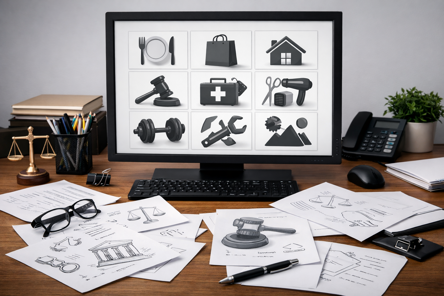Desk with computer showing Google Business Profile categories.