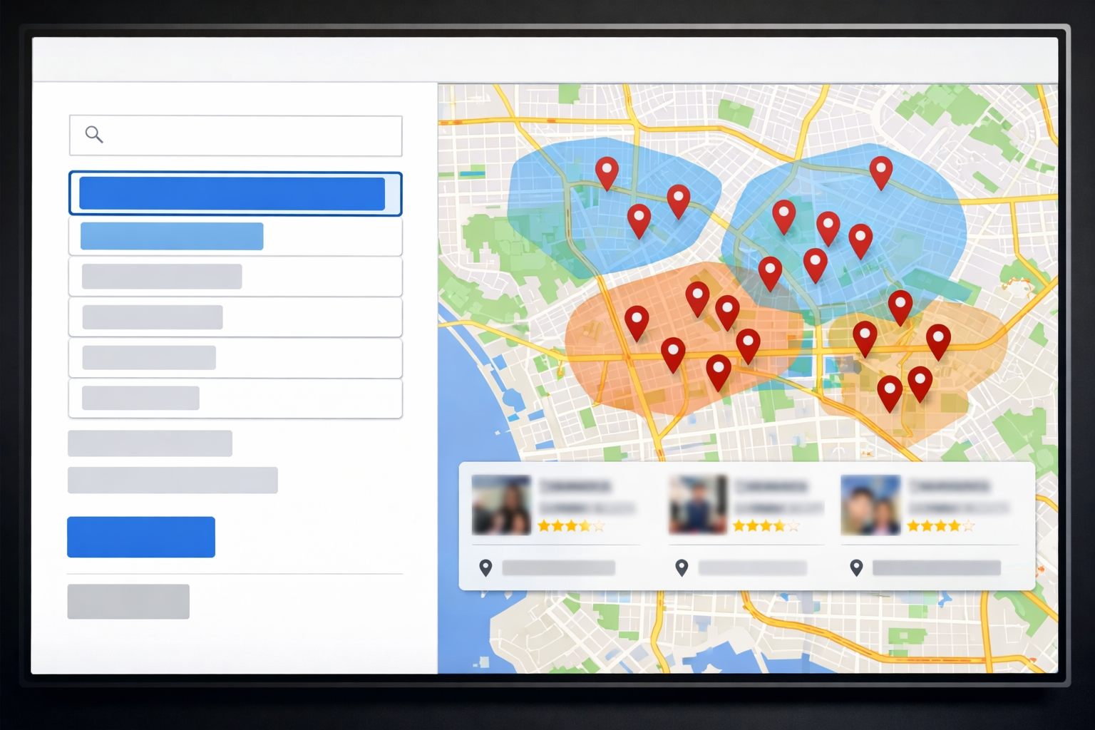 Screen showing Google Business Profile categories and map search highlights.