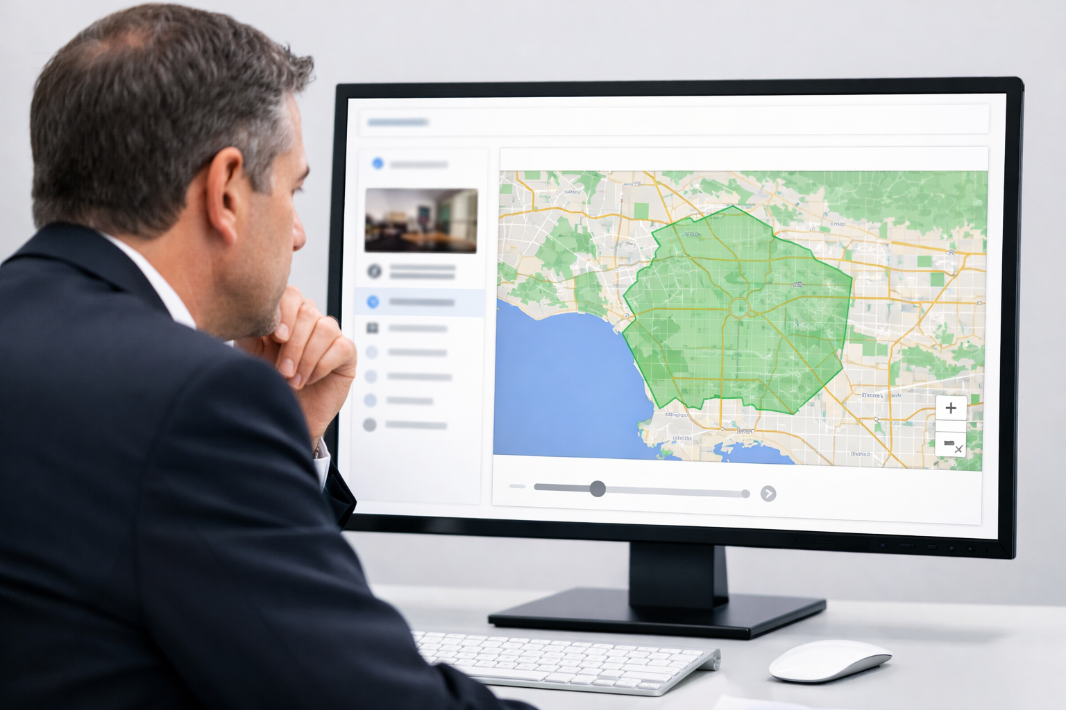 Lawyer examining Google Business Profile setup on screen.