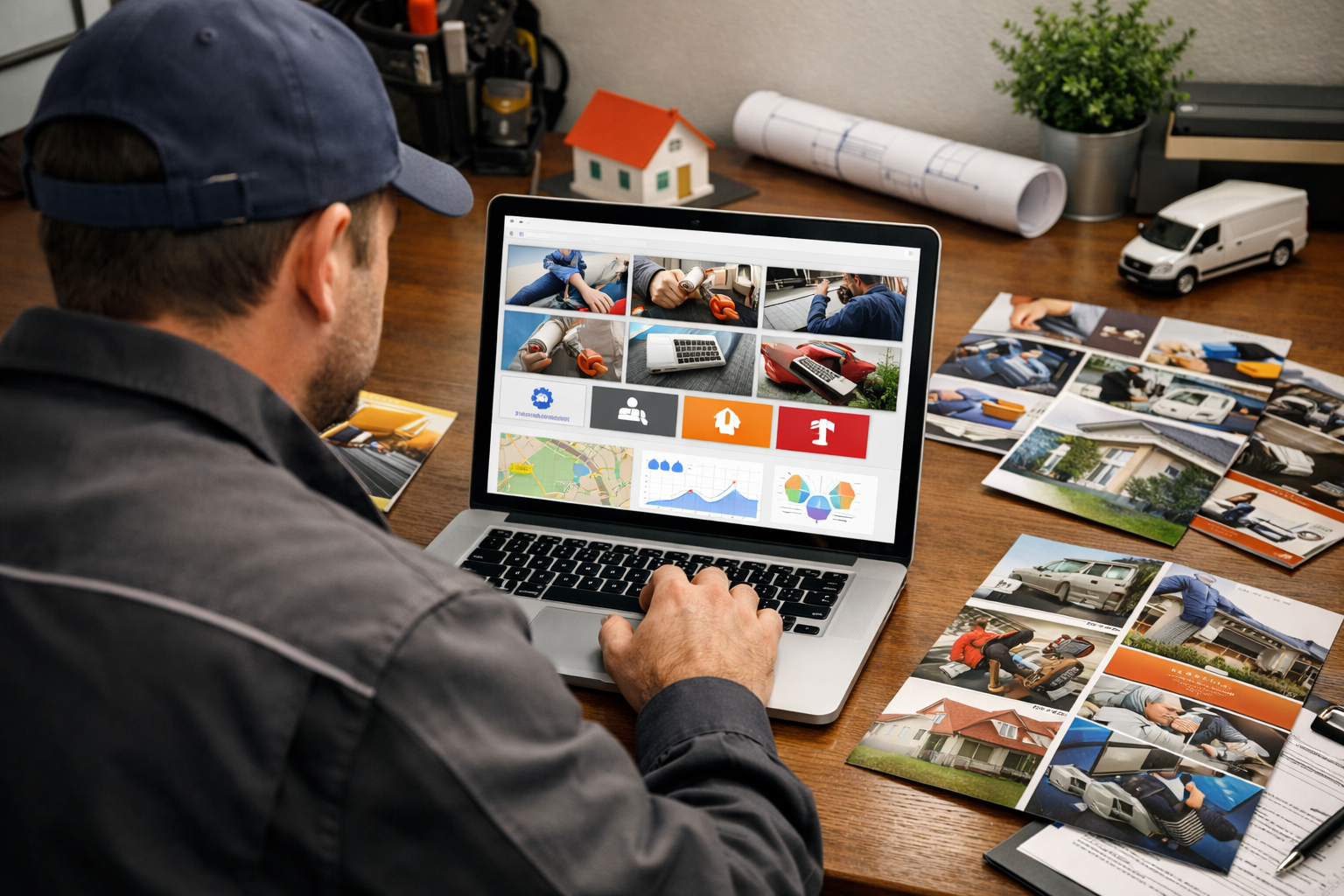Multi-service contractor reviewing Google Business Profile on a laptop.
